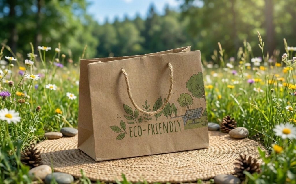 Eco-friendly kraft paper gift bag with nature illustrations, displayed in a wildflower meadow for sustainable gifting.