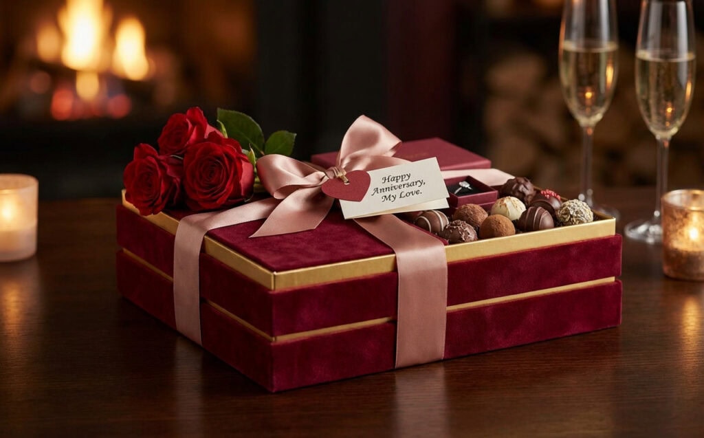 Luxury velvet Valentine’s and anniversary gift box for women, filled with chocolates, roses, and a heartfelt anniversary message.