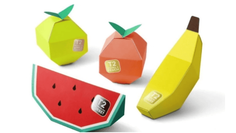 A die-cut box shaped like a fruit