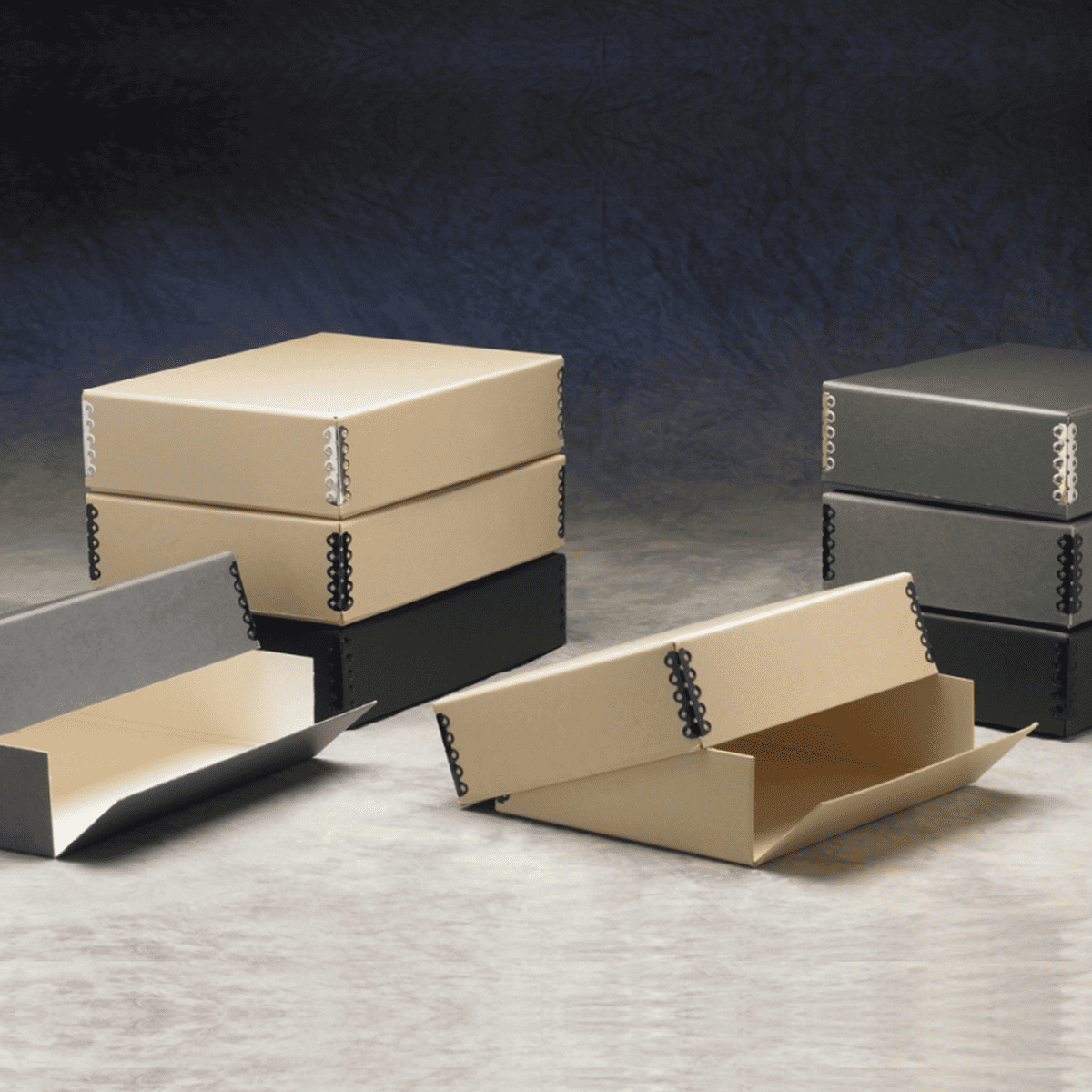 Textile storage boxes manufactured from sturdy, acid free, lignin