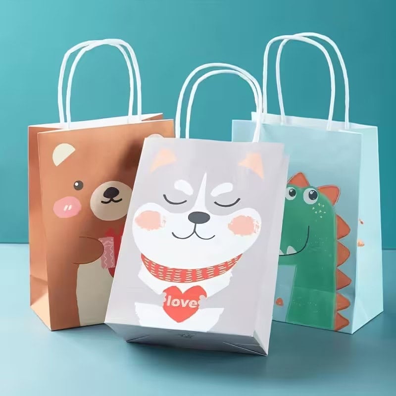Niedliche Geschenkboxen für Kinder mit Tiermotiven (Bär, Shiba Inu, Dinosaurier) und Griffen, perfekt zum Verpacken von Kindergeschenken.