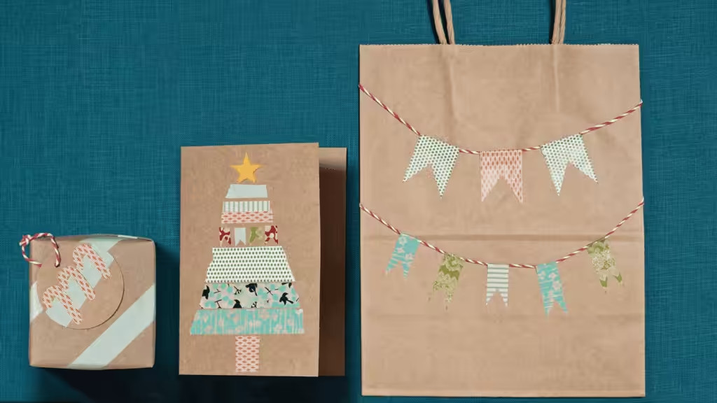 Festive brown paper gift bag and card with Christmas tree design, perfect paper gift bag ideas for kids’ holiday gifting.