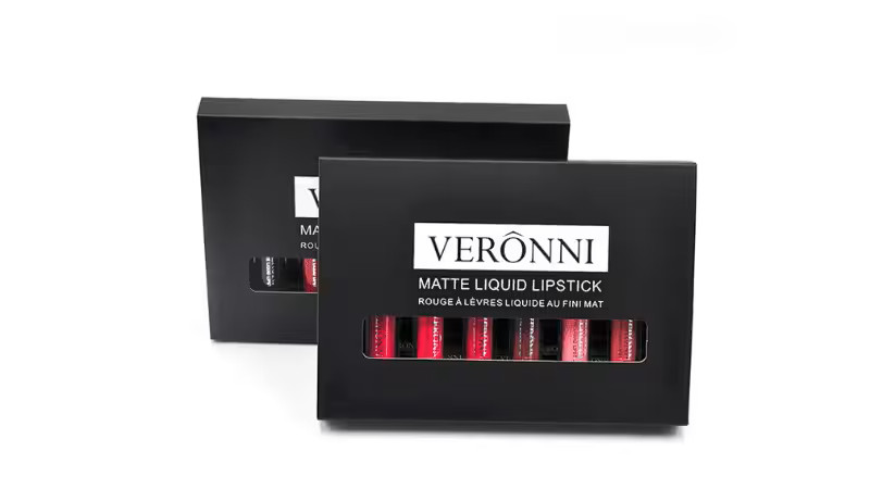 Black window lip gloss packaging set for VERÔNNI matte liquid lipstick, with a clear window displaying red and pink lipsticks and bold white branding text.