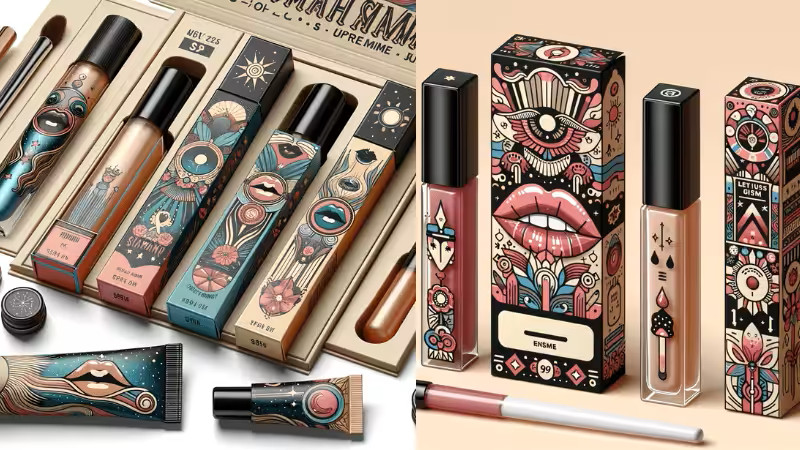 Artistic Custom Boxes and Personalized Designs for lip gloss, featuring whimsical bohemian illustrations, bold lips, and unique character patterns on each tube and box set.