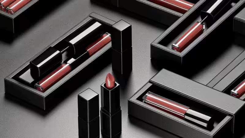 Sleek Bold and Black Packaging Design for lip gloss and lipstick, featuring matte black sliding boxes and glossy red liquid lip products inside.