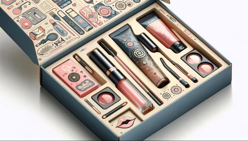 Teal gift set with Interactive Packaging Elements, featuring illustrated inner lid, custom foam inserts, and playful tech-inspired cosmetic designs including lip gloss.