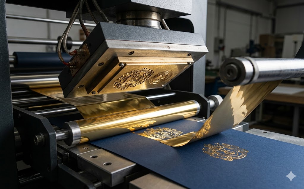 Foil stamping machine applying gold foil to create embossed logos on premium paper