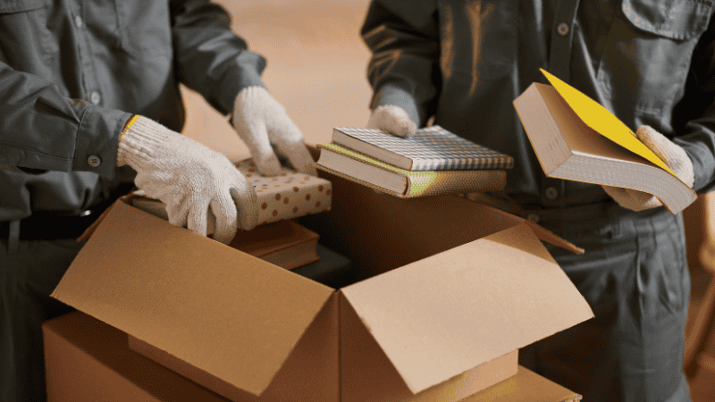 two people are packing books to a box