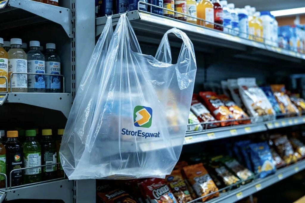 Clear plastic shopping bag with store logo hanging from supermarket shelf, surrounded by drinks and snacks.