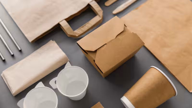 Paper packaging and utensils on a table