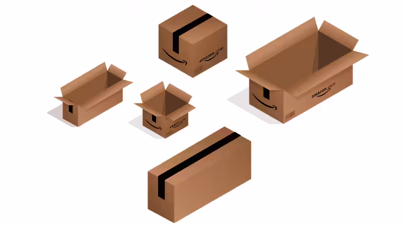 Multiple Amazon FFP boxes showing standard eco-friendly shipping packaging options.