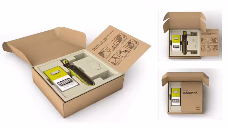 Philips OneBlade in Amazon Frustration-Free Packaging, open box with eco-friendly design.
