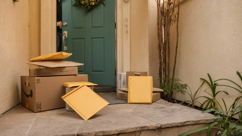 Amazon frustration-free packaging putting in front of a door