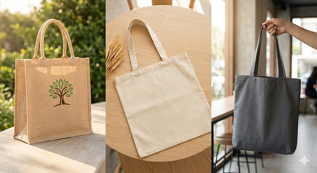 Three reusable tote bags in different materials (jute with tree logo, natural cotton, black canvas) .