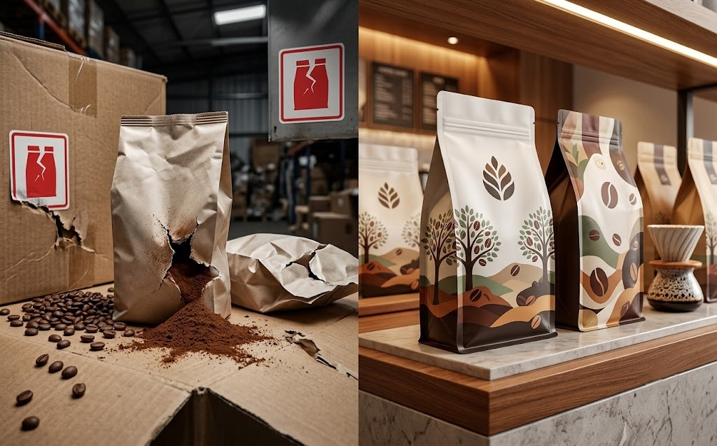 Comparison of Damaged vs. Intact Coffee Packaging