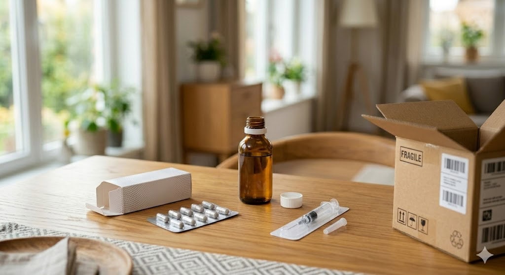 Eco-friendly pharmaceutical packaging box with fragile label, sustainable medical product rigid packaging for healthcare and medicine shipping protection