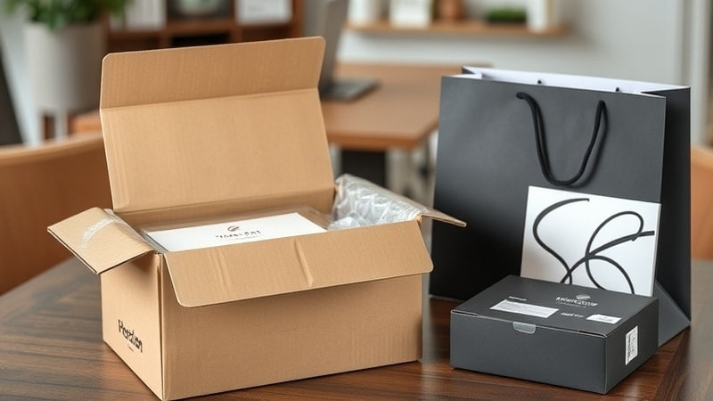 Opened brown cardboard box with protective packaging inside, beside a black paper shopping bag and small branded box, on a wooden table with office background.