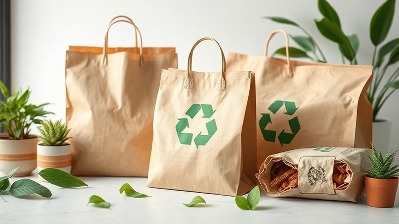 Reusable brown kraft paper shopping bags with green recycling symbols, displayed with potted plants and an open snack bag on a bright countertop.
