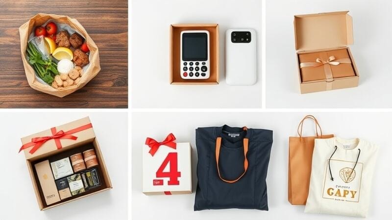 Six-panel grid showing diverse packaging uses: food wrap, electronics boxes, gift boxes, apparel bags, and branded gift sets, flat-lay product shots.