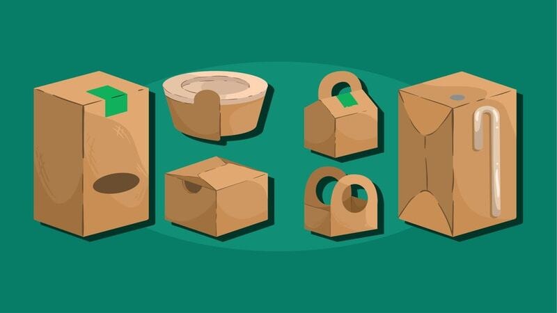 Vector illustration of various brown kraft paper food packaging boxes, including takeout containers, gift boxes, and handle bags, on a teal background.