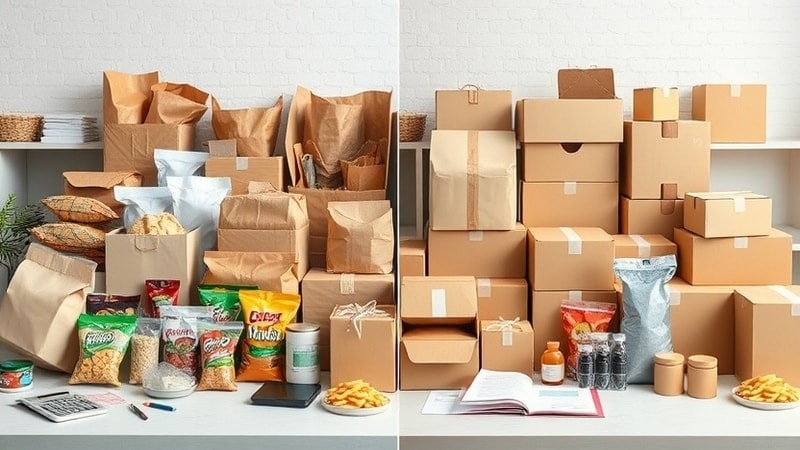 Split-screen comparison of bagged packaging vs boxed packaging: left with flexible snack bags, right with stacked cardboard boxes, food and office supplies.