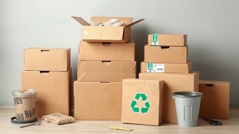 Stacked cardboard shipping boxes, one open with packing material, plus a kraft bag with a green recycling symbol, against a plain gray wall.