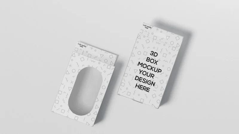 3D mockup of two window box packaging with geometric patterns, one with an oval window and one closed, on a light gray background.