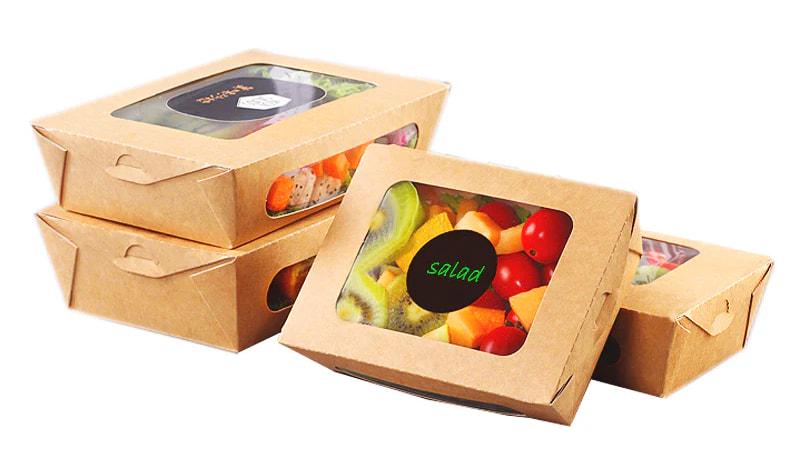 Kraft paper window box packaging for salad and fruit, with clear windows to display fresh food inside.