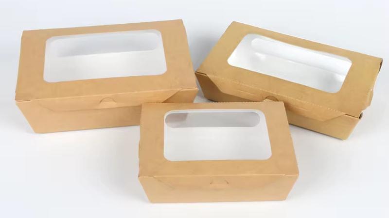 Three kraft paper window box packaging with rectangular clear windows, ideal for takeaway food.