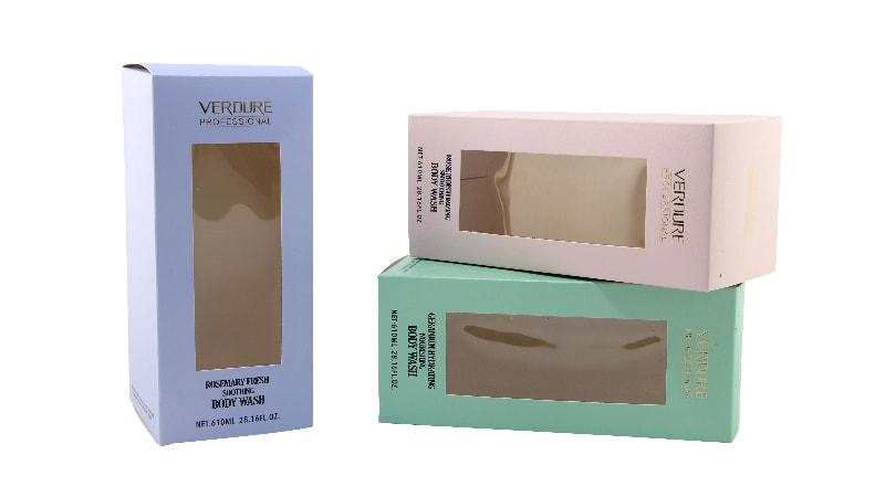 Set of VERDURE body wash window box packaging in pastel colors, with clear windows to display products inside.