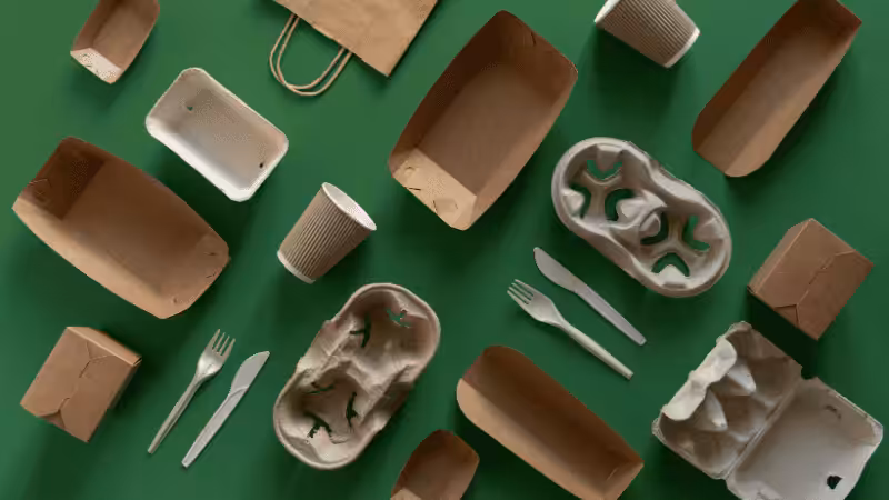 Paper food packaging and utensils on green background.
