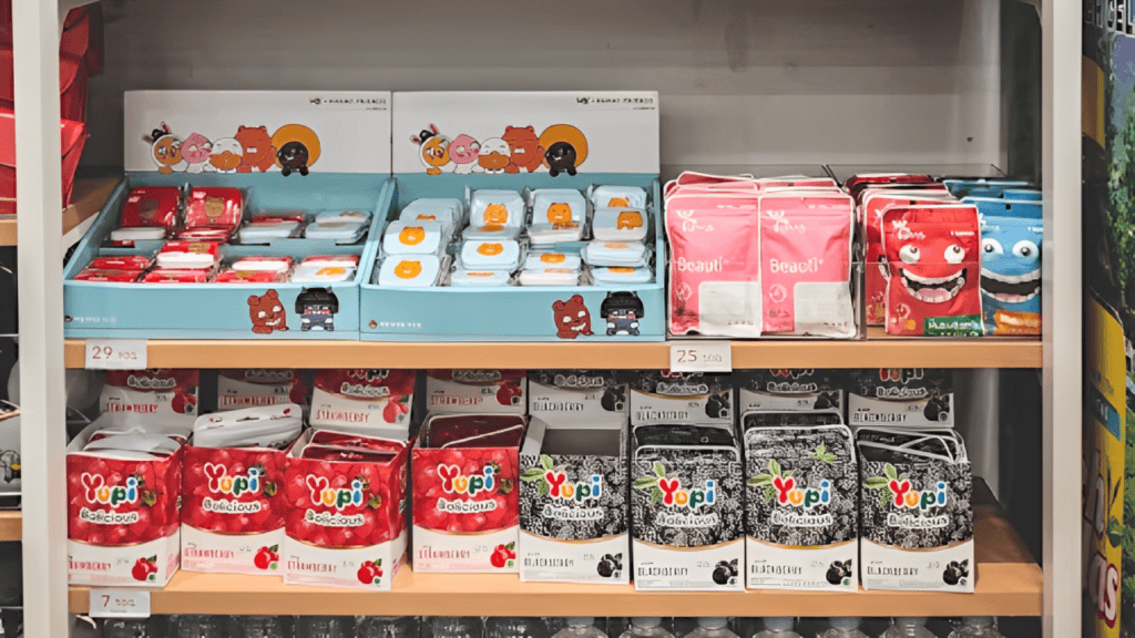 Products on grocery store shelves