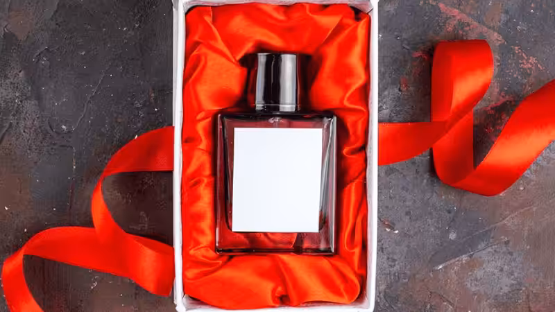 Luxury perfume bottle in white cardboard box