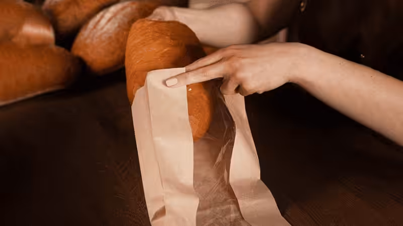 Women putting fresh bread in paper packaging