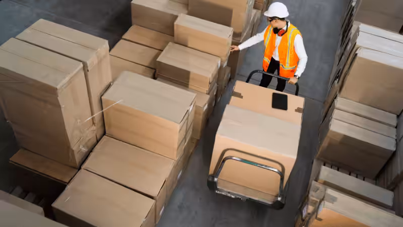 A man pushing some cardboard boxes