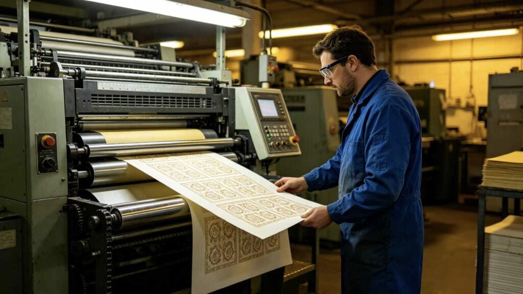 Printing press operator inspecting soy ink printed sheet at an offset printing machine in a factory.