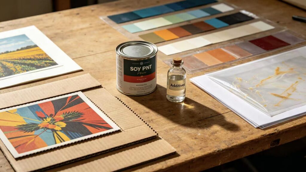 Soy ink printing materials including "SOY PNT" paint can, additives bottle, color swatches, and printed samples on a wooden table.