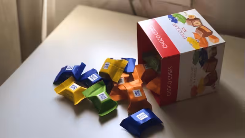 chocolate flexible packaging in a cardboard box