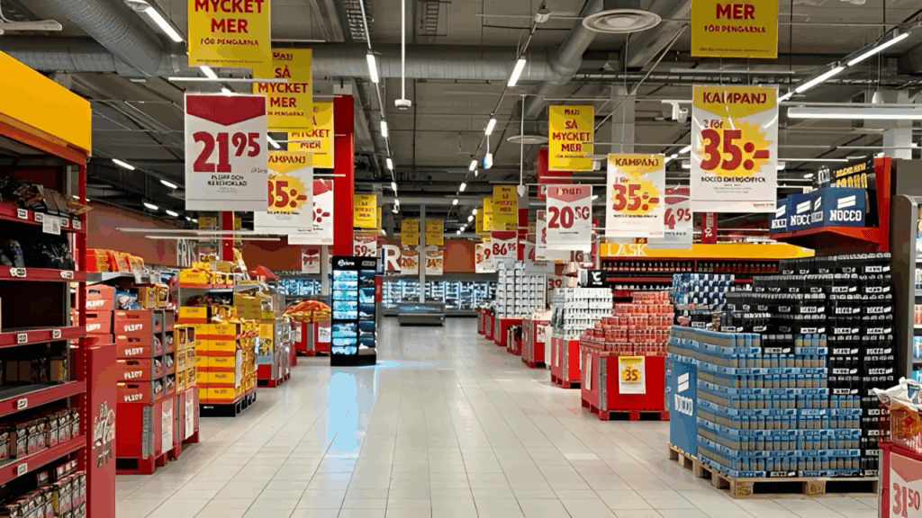 products of various brands with shelf-ready packaging in the supermarket