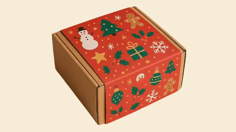 Cardboard box with a festive Christmas sleeve