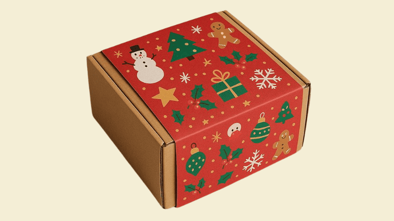 Cardboard box with a festive Christmas sleeve