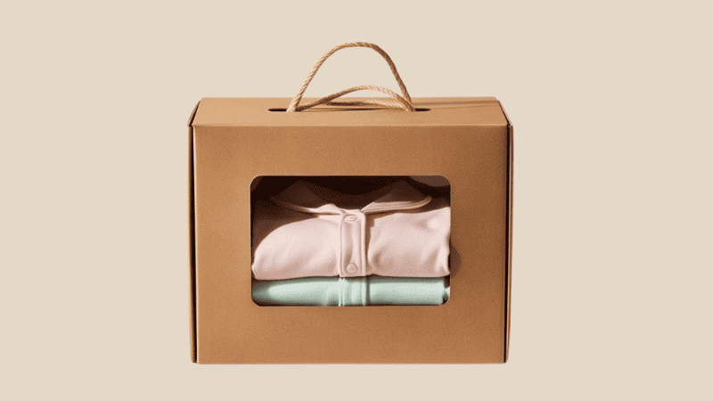 Pair of soft pajamas in a cardboard box with hemp string handle