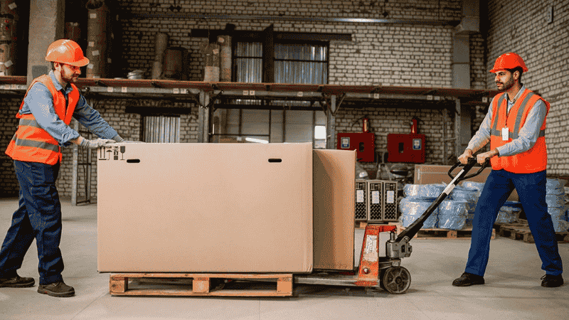 Two men are pushing a large package ready for shipping
