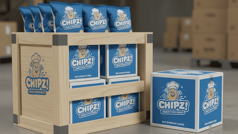 warehouse with primary, secondary, and tertiary packaging for potato chips