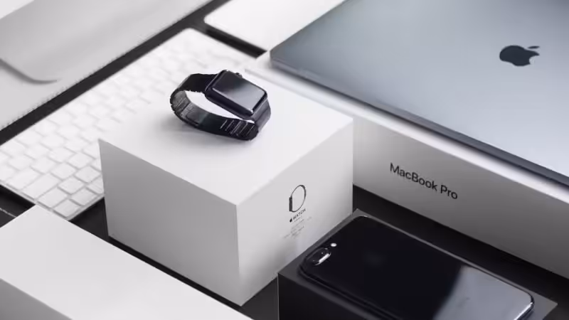 apple products including iphone, macbookpro and apple watch packaging