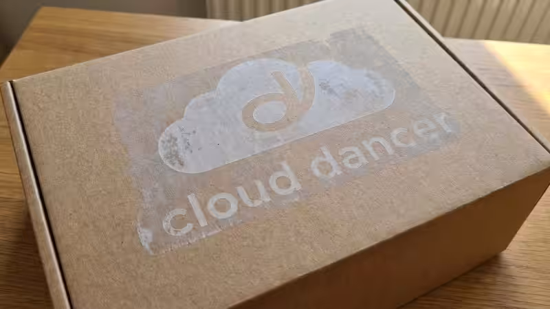 cloud dancer color printed on kraft mailer box