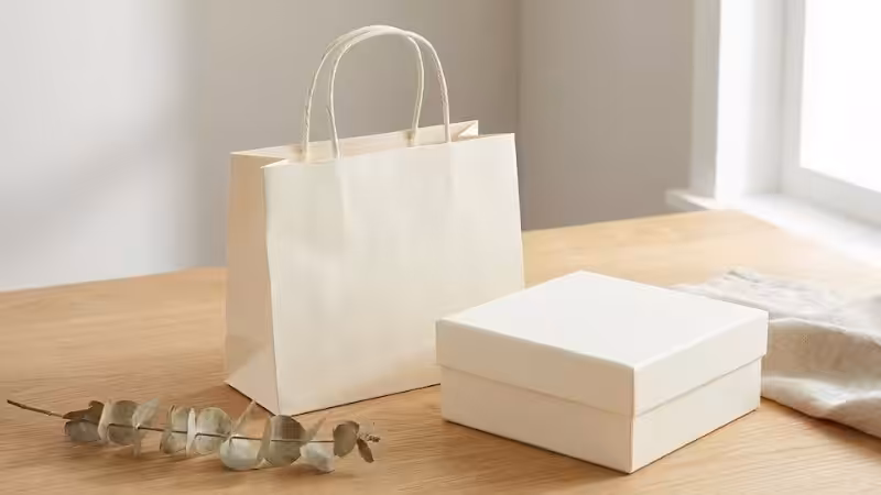 a paper bag and a paper box in cloud dancer color