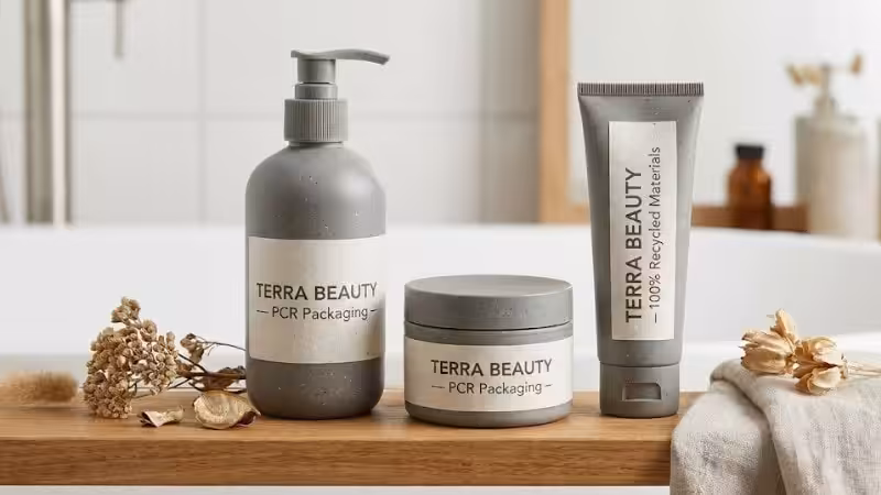 Упаковка косметических средств, изготовленная из переработанного вторичного сырья (PCR).