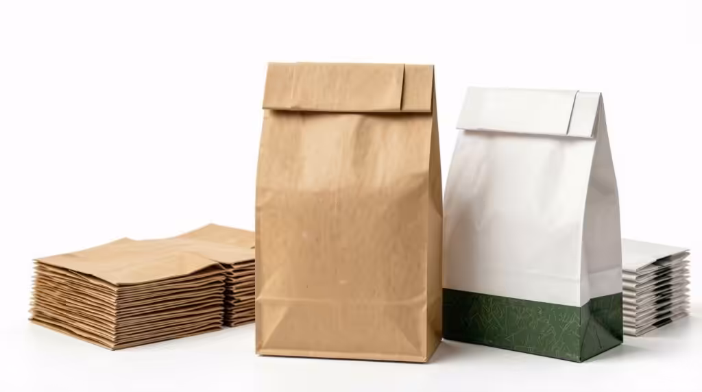 Top-fold sealed bags made of natural kraft paper and coated printed paper for comparison. Plain kraft paper bags deliver natural texture, air permeability and low cost as basic foodstuff packaging for bread and snacks. Coated paper version with waterproof coating and customized printed patterns provides anti-grease property and better display effect for brand image. Stacked spare pouches show bulk supply characteristics for catering takeaway packaging solutions.