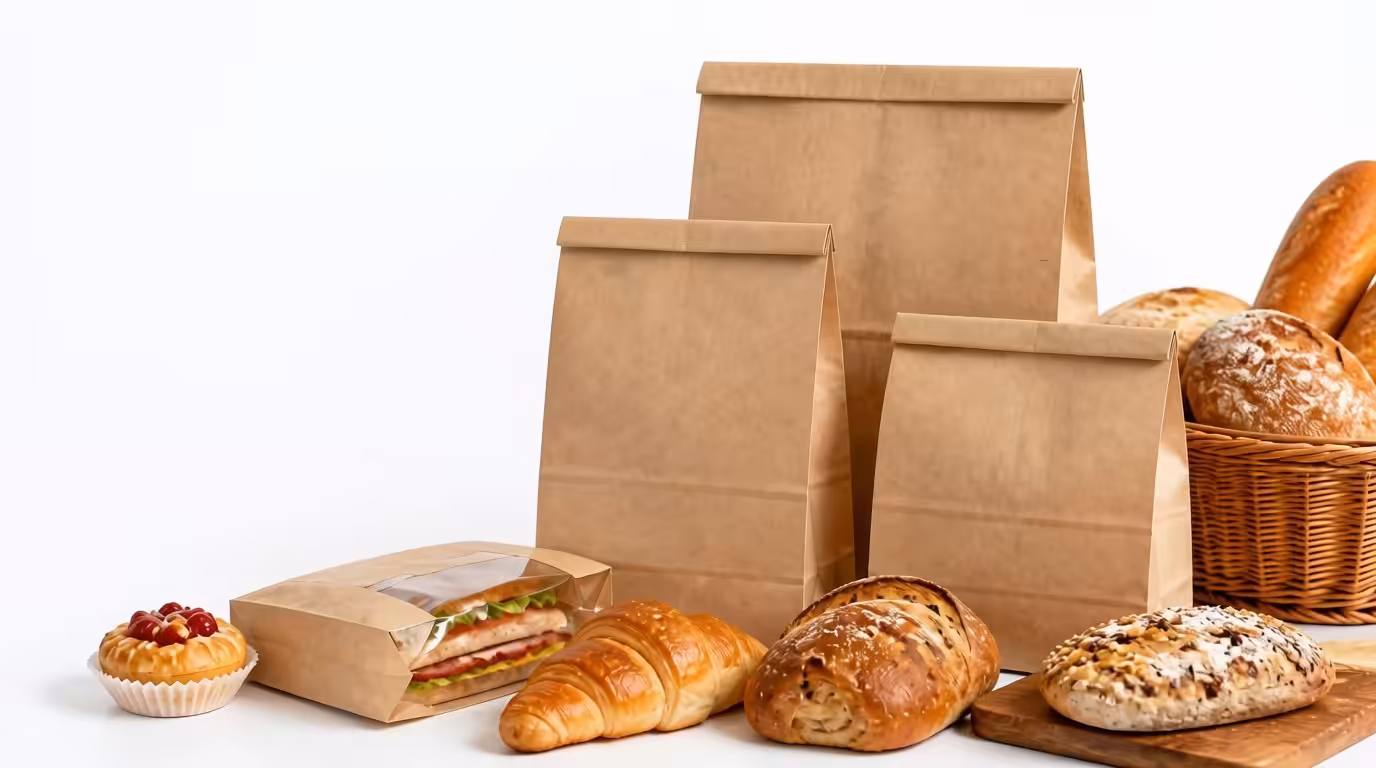 Multi-size top-fold kraft paper bags matched with window sandwich paper boxes, suitable for bread, croissants, fruit tarts and other baked goods. This eco-friendly foodstuff packaging maintains proper air permeability to keep bakery fresh, widely used for in-store takeaway and food delivery services in bakeries. It can be combined with corrugated boxes for mass transportation and packaging of food products.